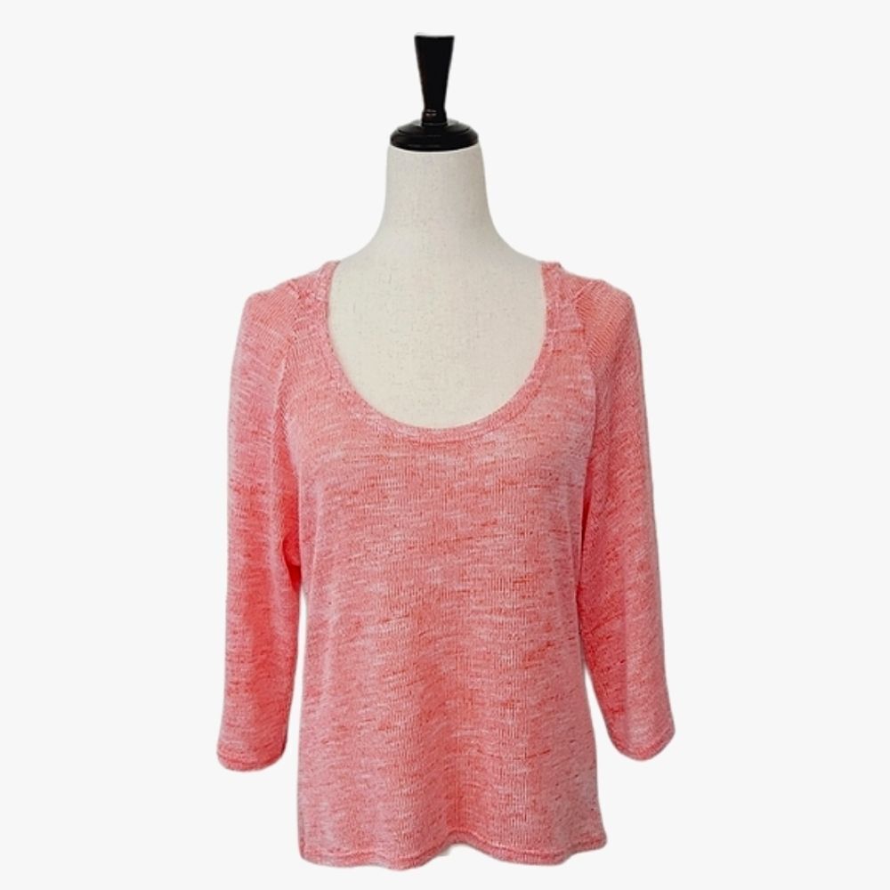 Poof Bright Heathered Tangerine Scoop Neck 3/4 Sleeve High-Low Sweater H…